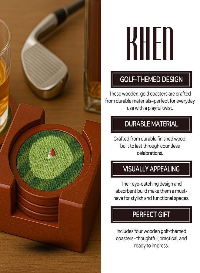 Khen Golf Hand-Stitched Needlepoint Coasters - Set of 4 - Wooden Holder Solid Wood with Needlepoint Inlay with French Cotton Thread 4" Durable Decorative Gift, Drink Mats Unique Golfers Barware Gifts - Image 4